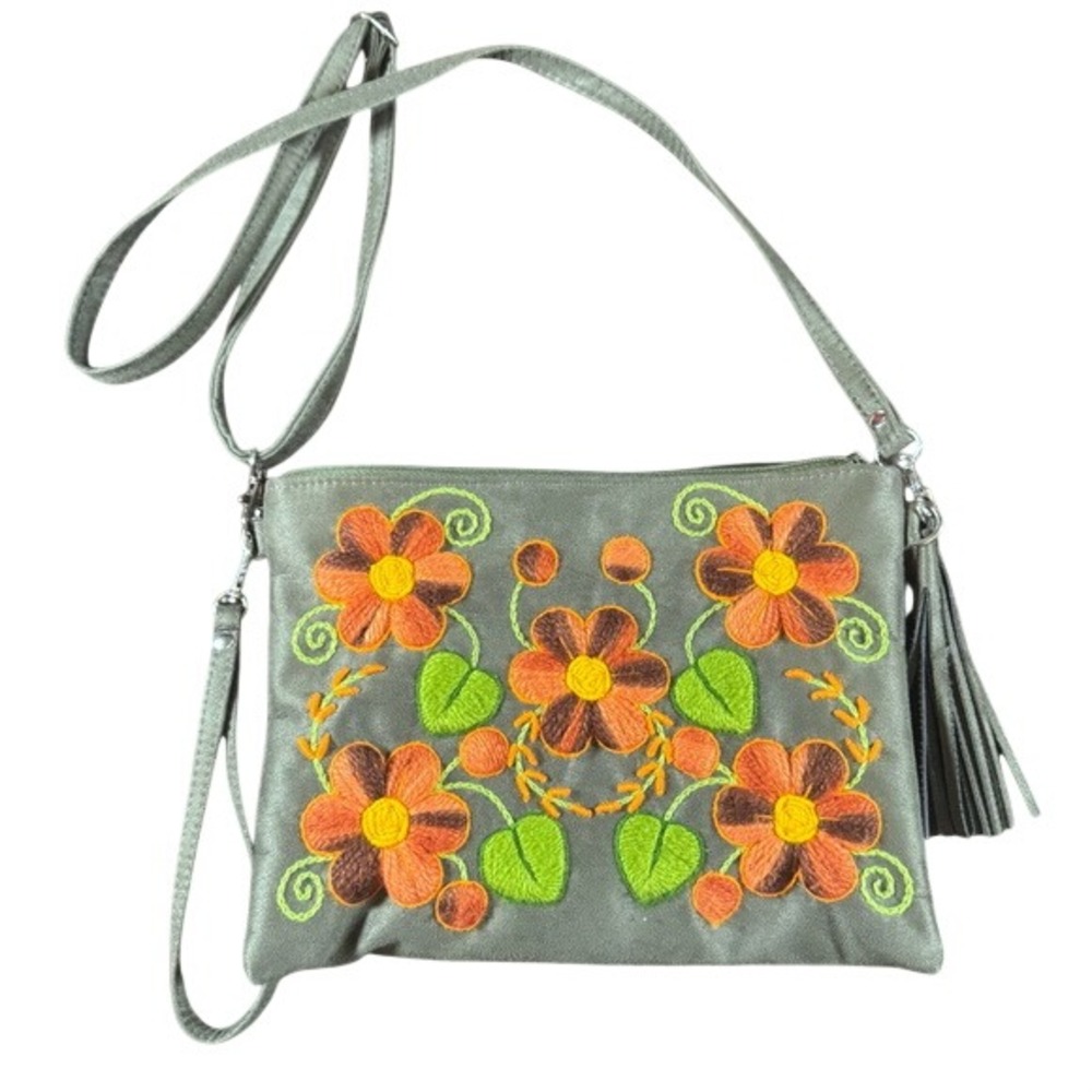 Women's Floral Embroidered Olive Green Clutch Wristlet Boho‎ Hippie Flower Power